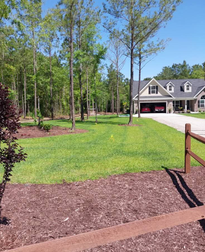 Lush green lawn in front of a house with a driveway leading to a garage; trees and a brown fence are also visible.