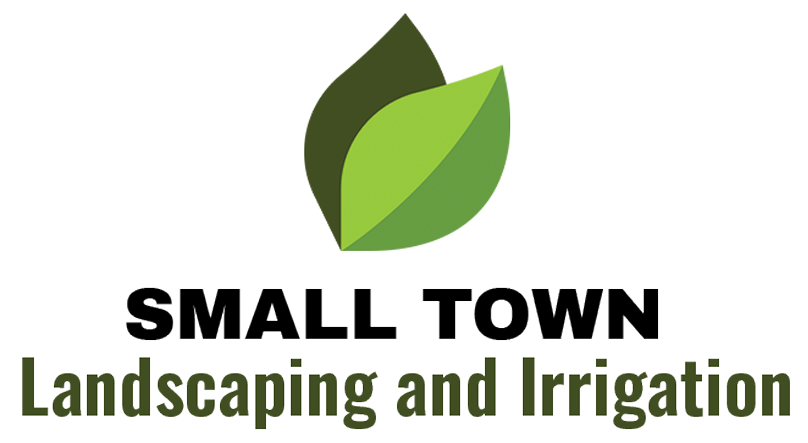 A small town landscaping and irrigation logo with a green leaf on a white background.