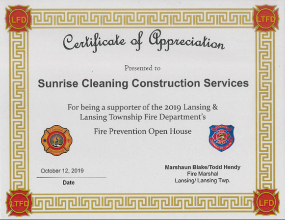 Certificate Of Appreciation - Lansing, MI - Sunrise Cleaning & Construction Services