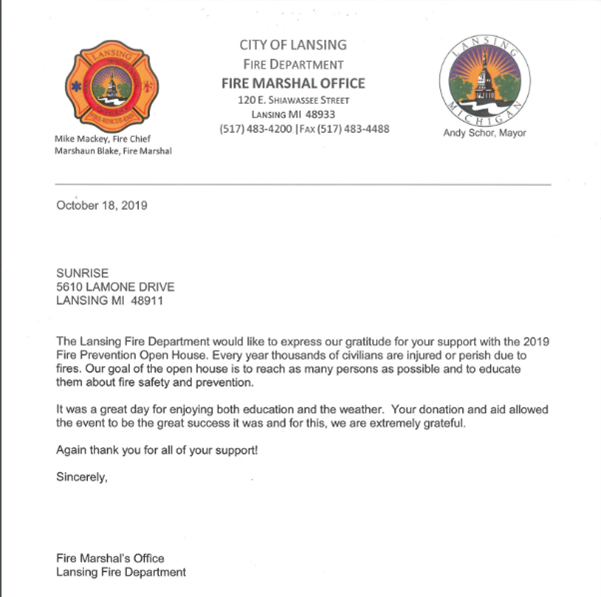 Gratitude Letter - Lansing, MI - Sunrise Cleaning & Construction Services