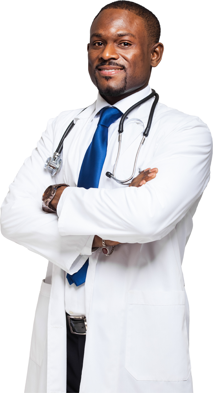 A doctor with a stethoscope around his neck is standing with his arms crossed.