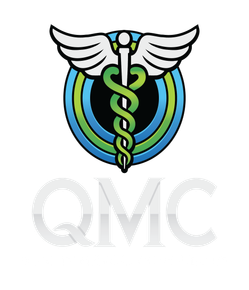 A logo for qmc with a caduceus and wings
