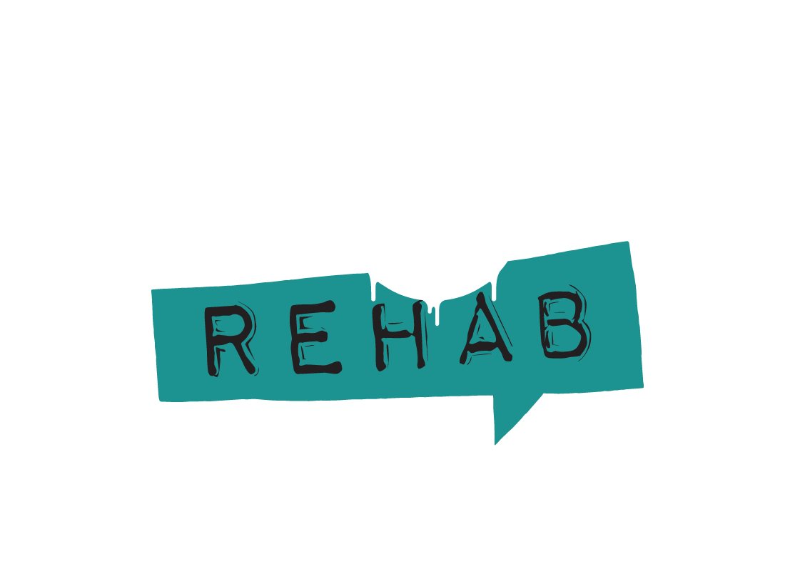 A speech bubble with the word rehab written on it