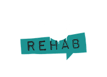 A speech bubble with the word rehab written on it