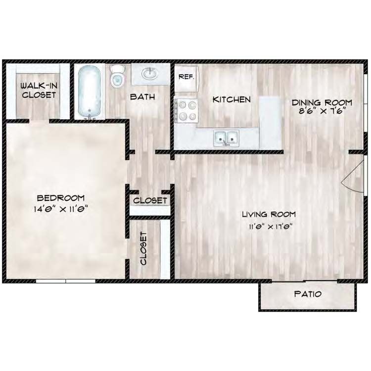 Floor Plan B: 1 Bed · 1 Bath