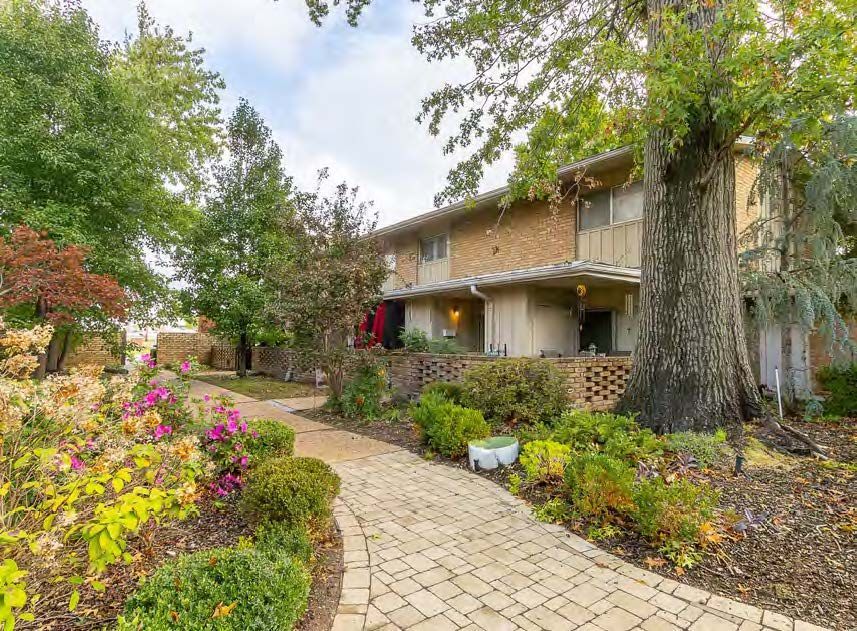 A brick walkway leading to a house surrounded by trees and bushes.