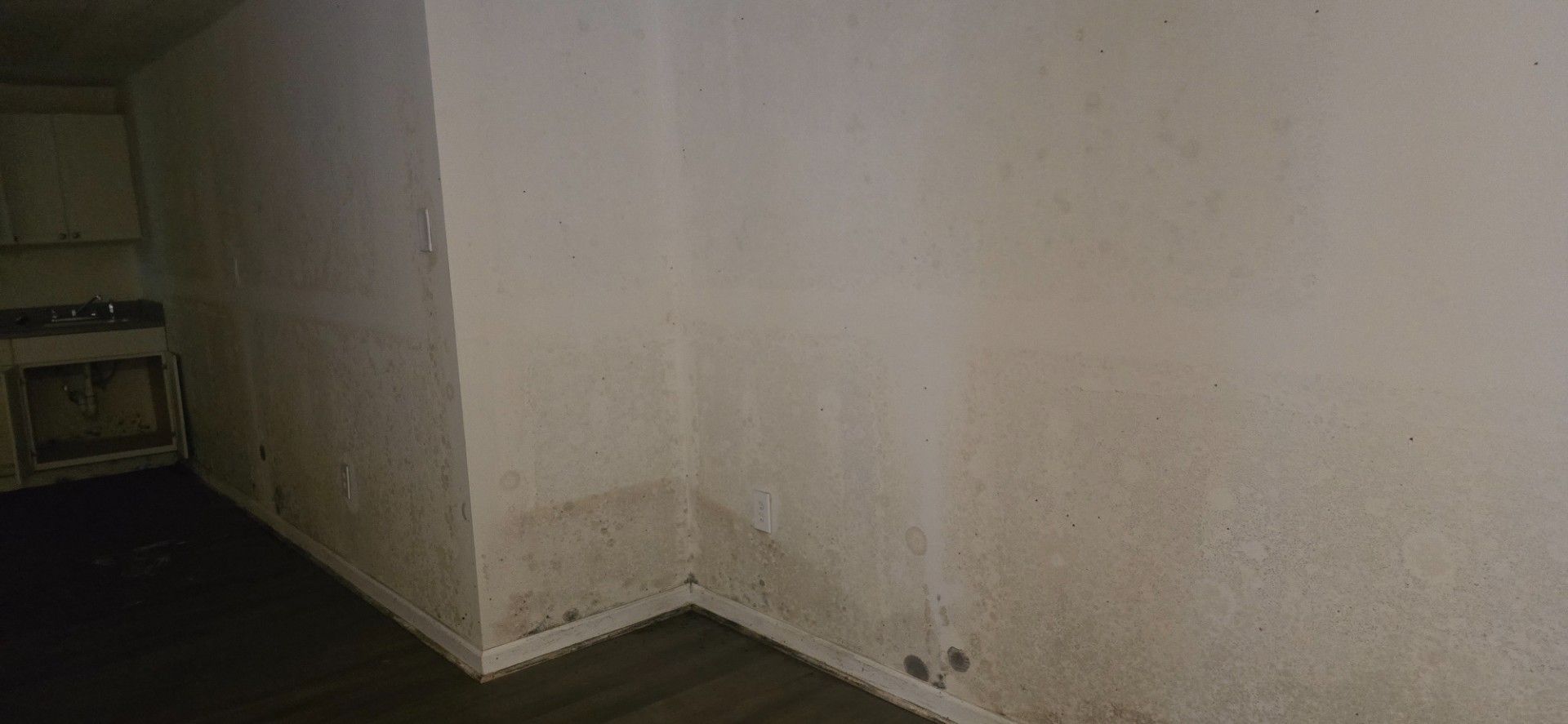 Interior corner of a room with stained white walls. Dark areas suggest mold or water damage.
