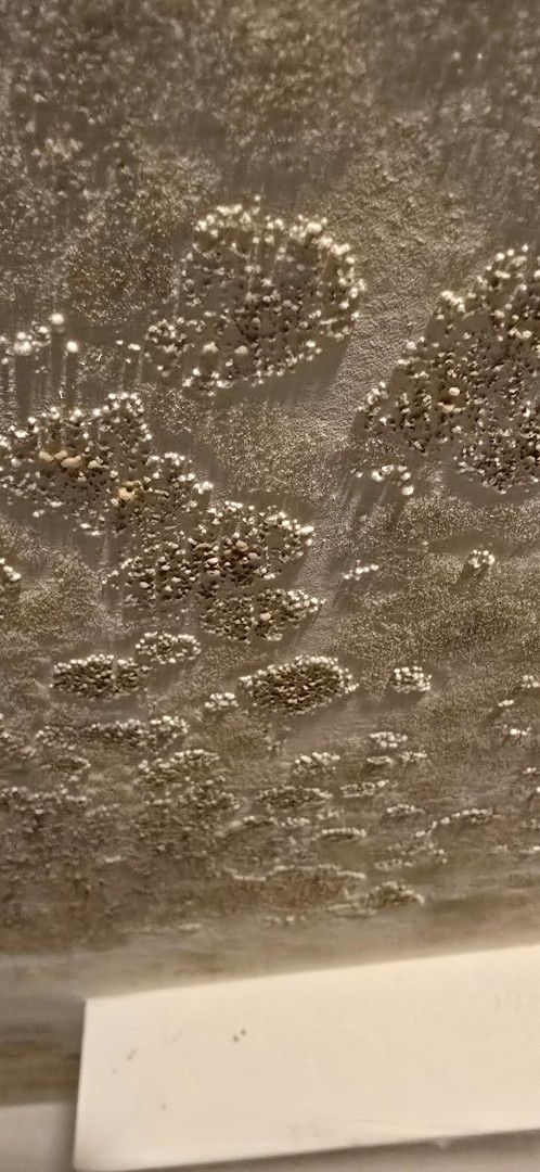 Close-up of a discolored wall with splotches of mold. A white strip sits below it.