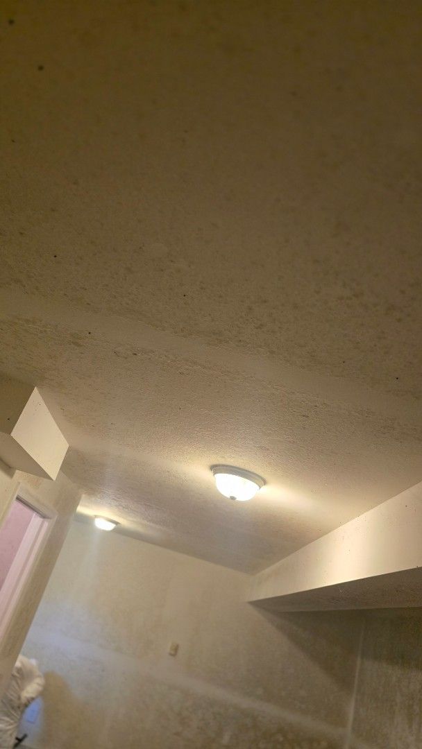 A basement ceiling with dark spots and lights. White walls and a doorway are visible.