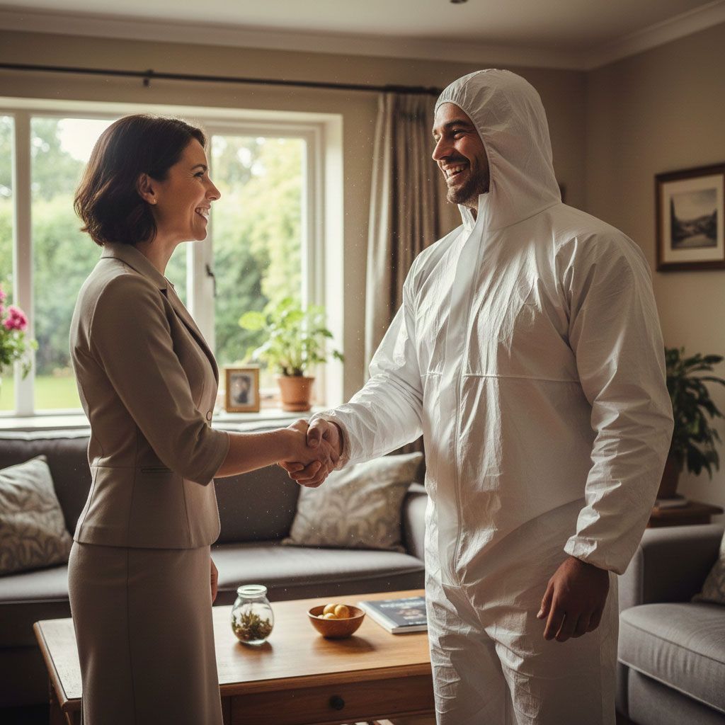Woman in a suit shakes hands with person in a white protective suit inside a home. Both smiling.