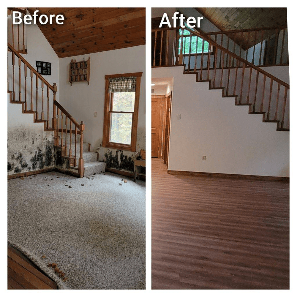 Side-by-side comparison of a living room before and after mold remediation. 