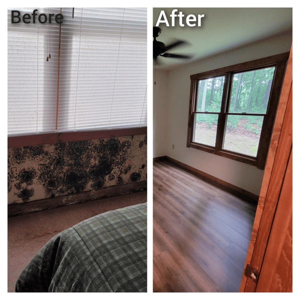 Side-by-side view of a bedroom before and after mold remediation. 