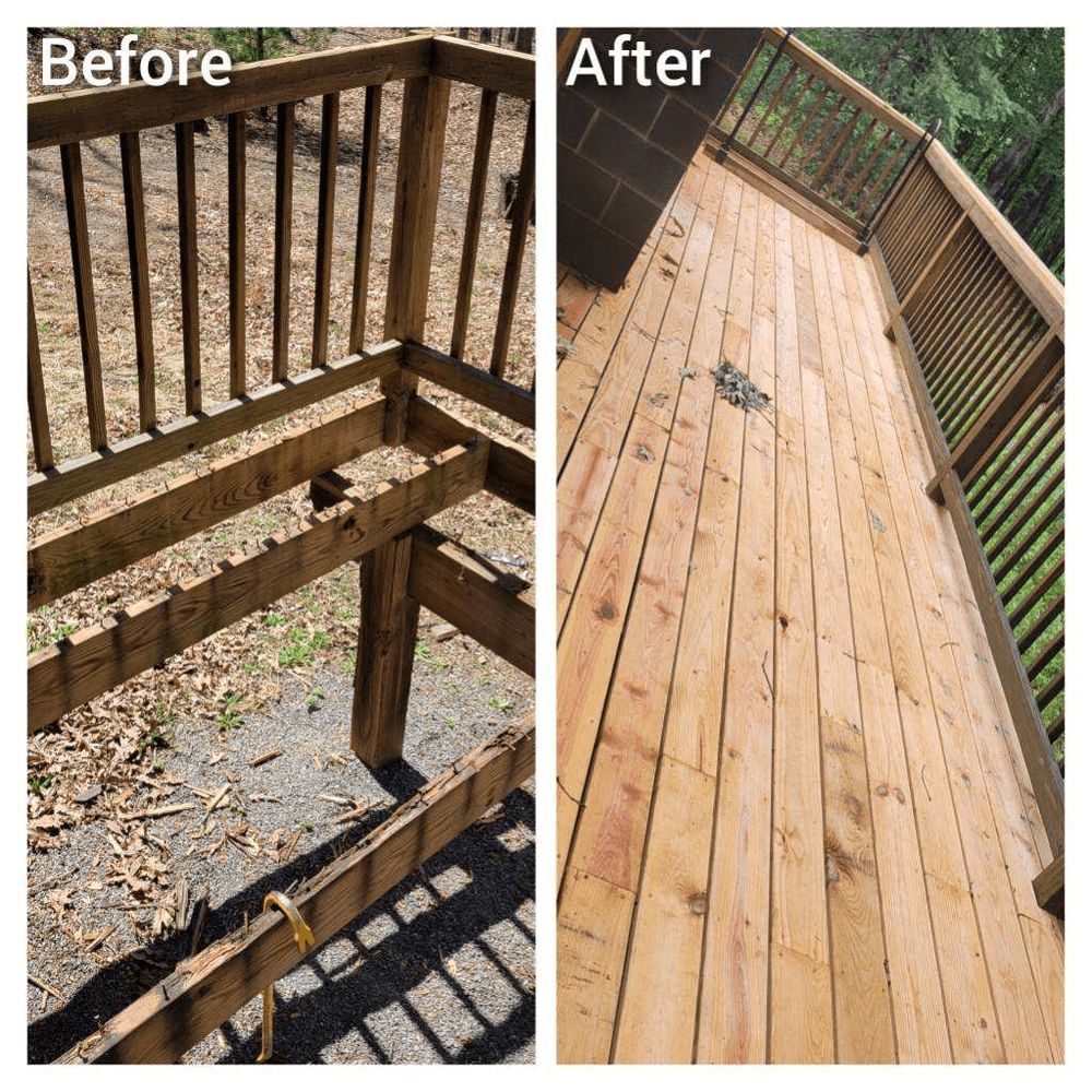 Before and after of a wooden deck; showing worn wooden rails, boards, and a cleaned and restored deck.