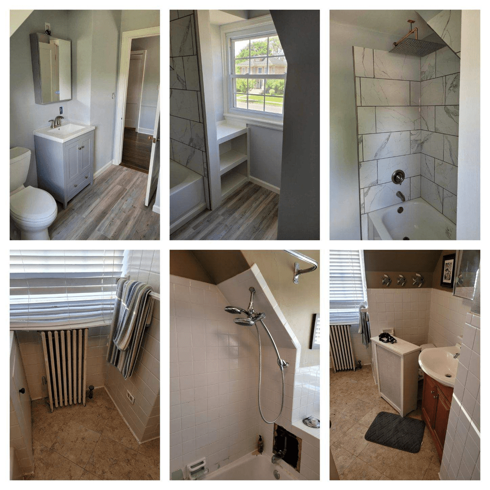 Six bathroom views: Light gray, marble-tiled shower, white fixtures, wood-look flooring.