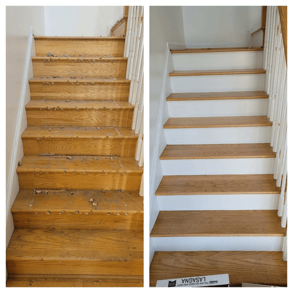 Before and after of staircase renovation: wood treads, white risers, and banister.