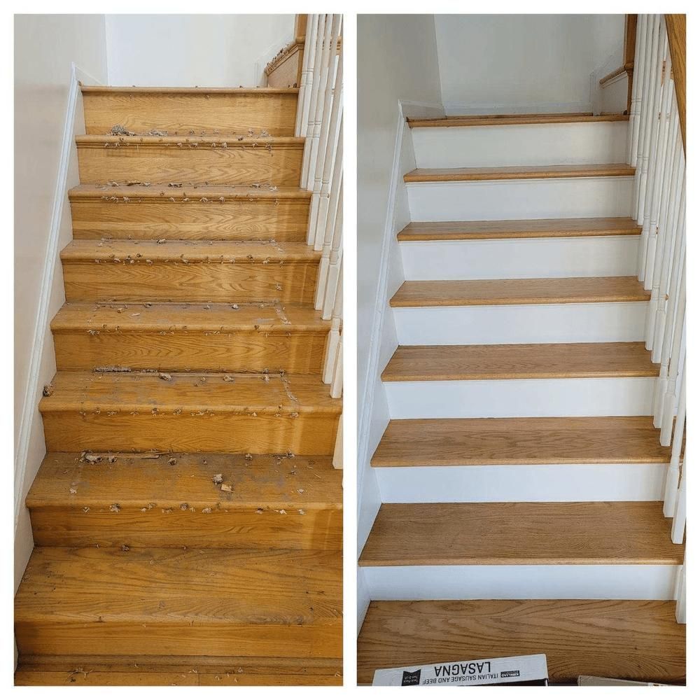 Before and after of wooden stairs, with white painted risers and wood treads.
