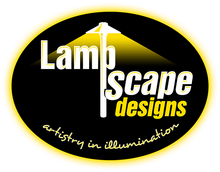 LampScape Designs logo: black oval with yellow glow, white and yellow text, and “artistry in illumination” tagline.