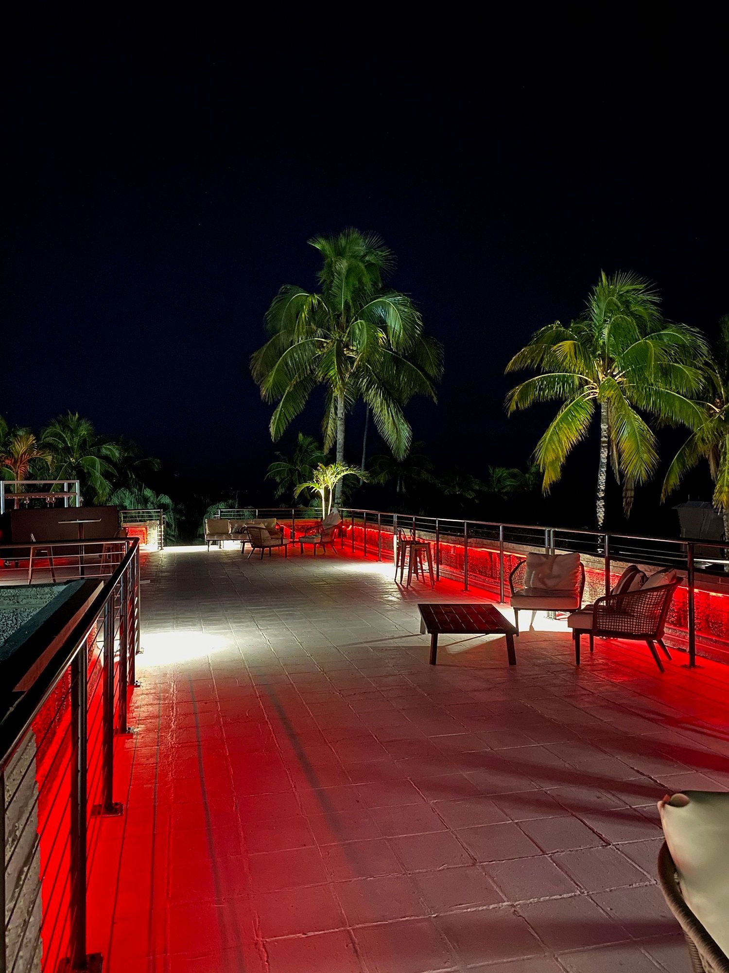 Outdoor patio at night, illuminated by red accent lighting, with palm trees and lounge seating against a dark sky.