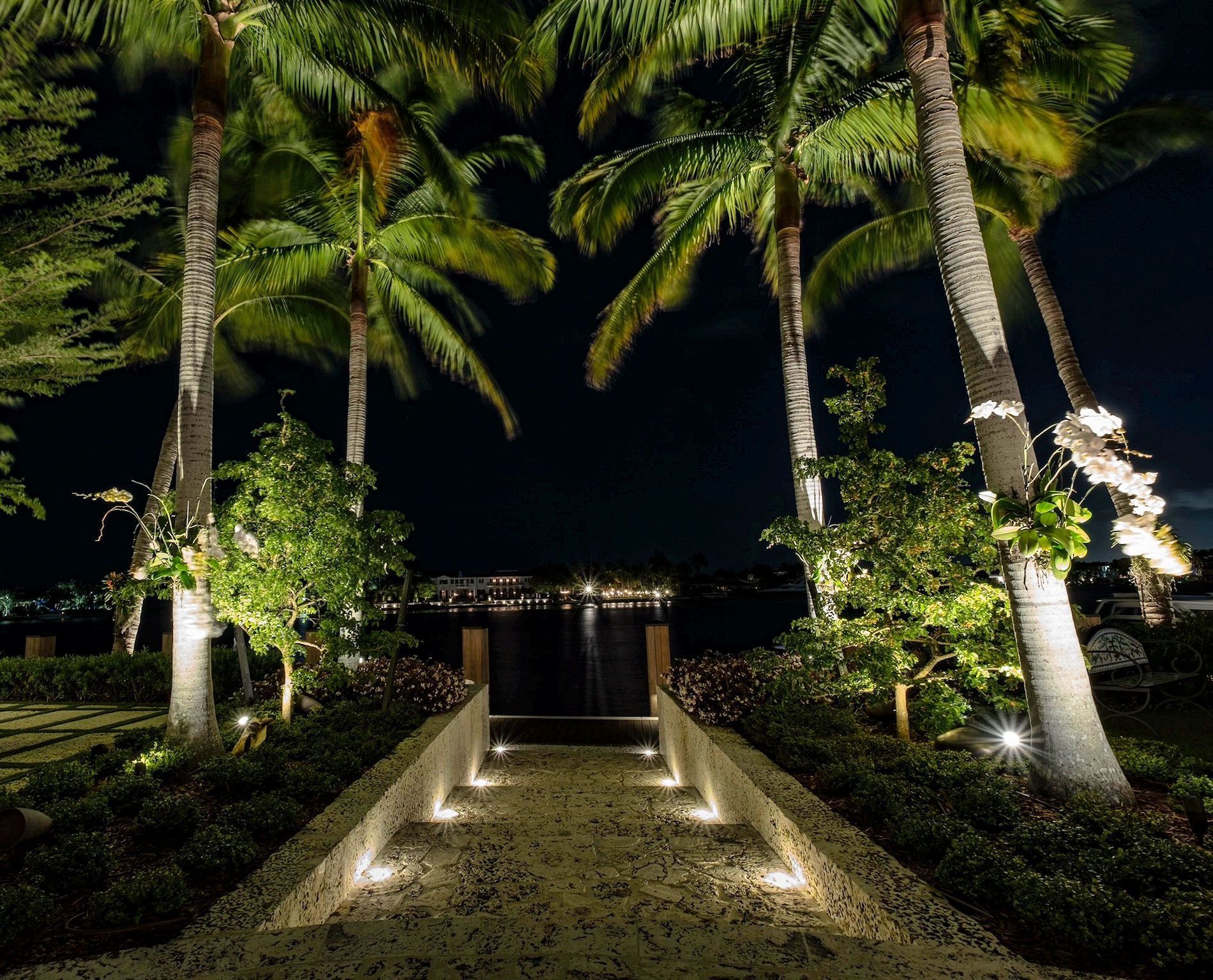A stone pathway illuminated by ground lights leads through palm trees toward a dark waterfront at night.