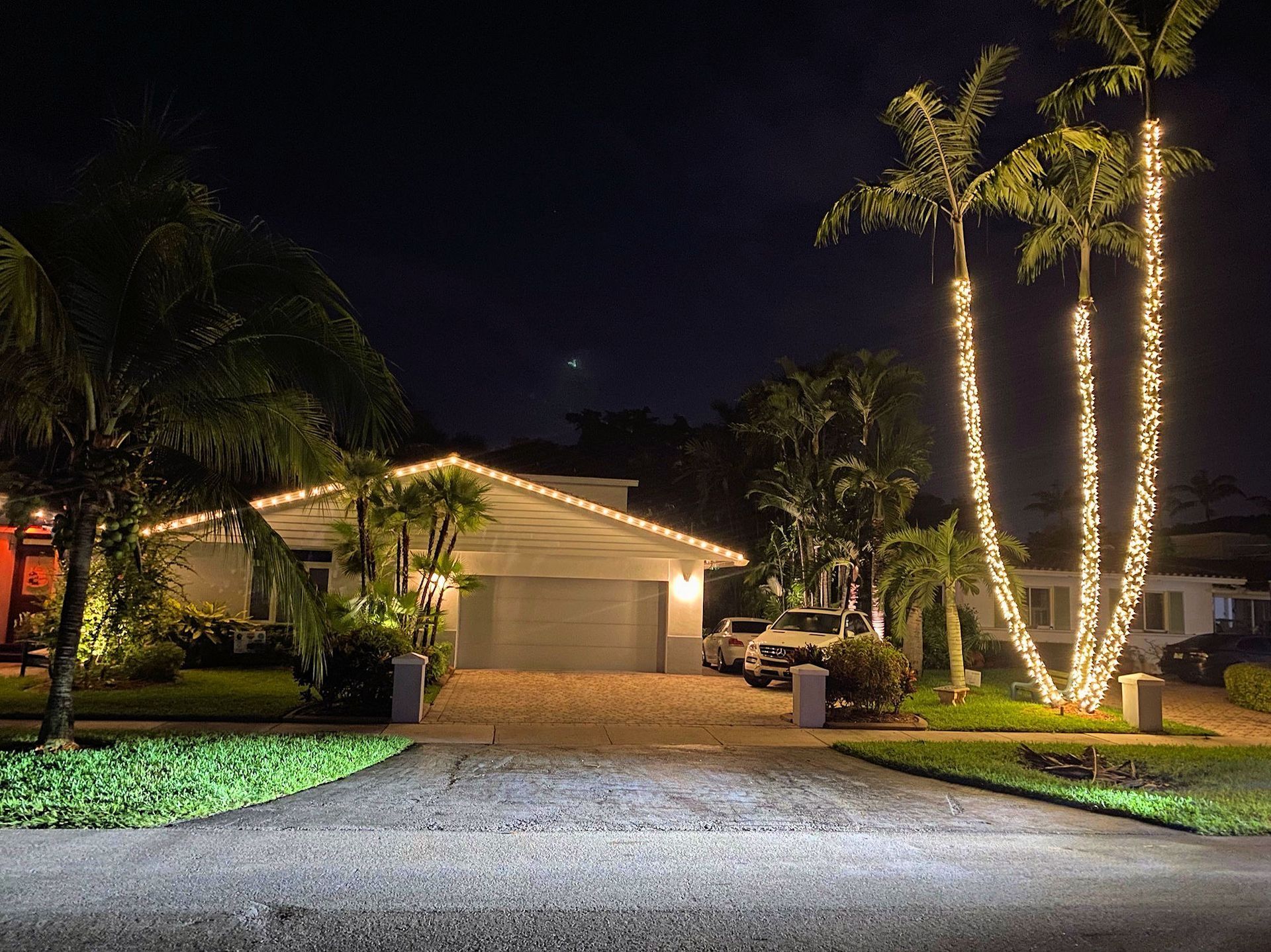 A house at night with roofline and palm trees decorated with glowing golden string lights in a suburban neighborhood.