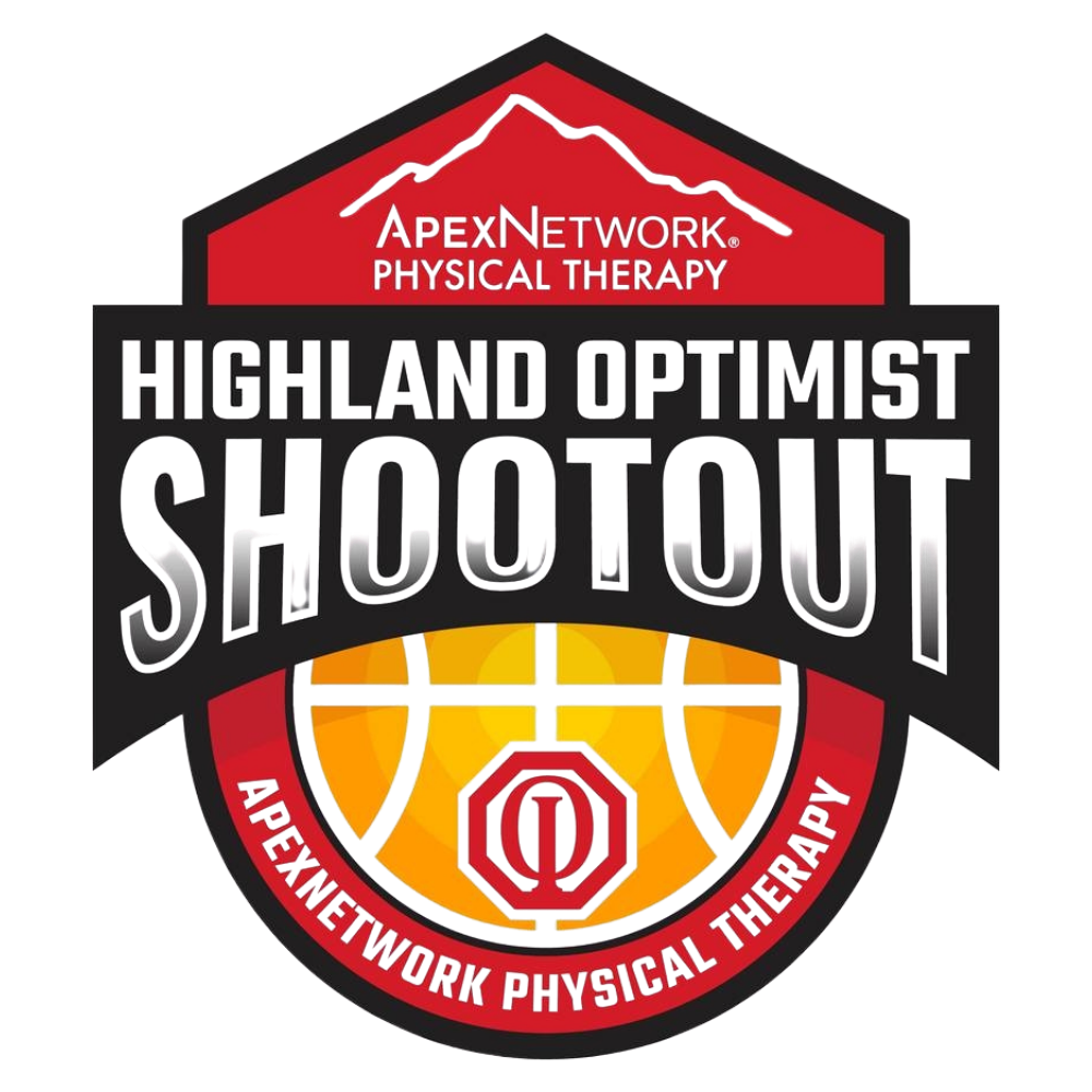 Logo for Highland Optimist Shootout basketball event, sponsored by ApexNetwork Physical Therapy.