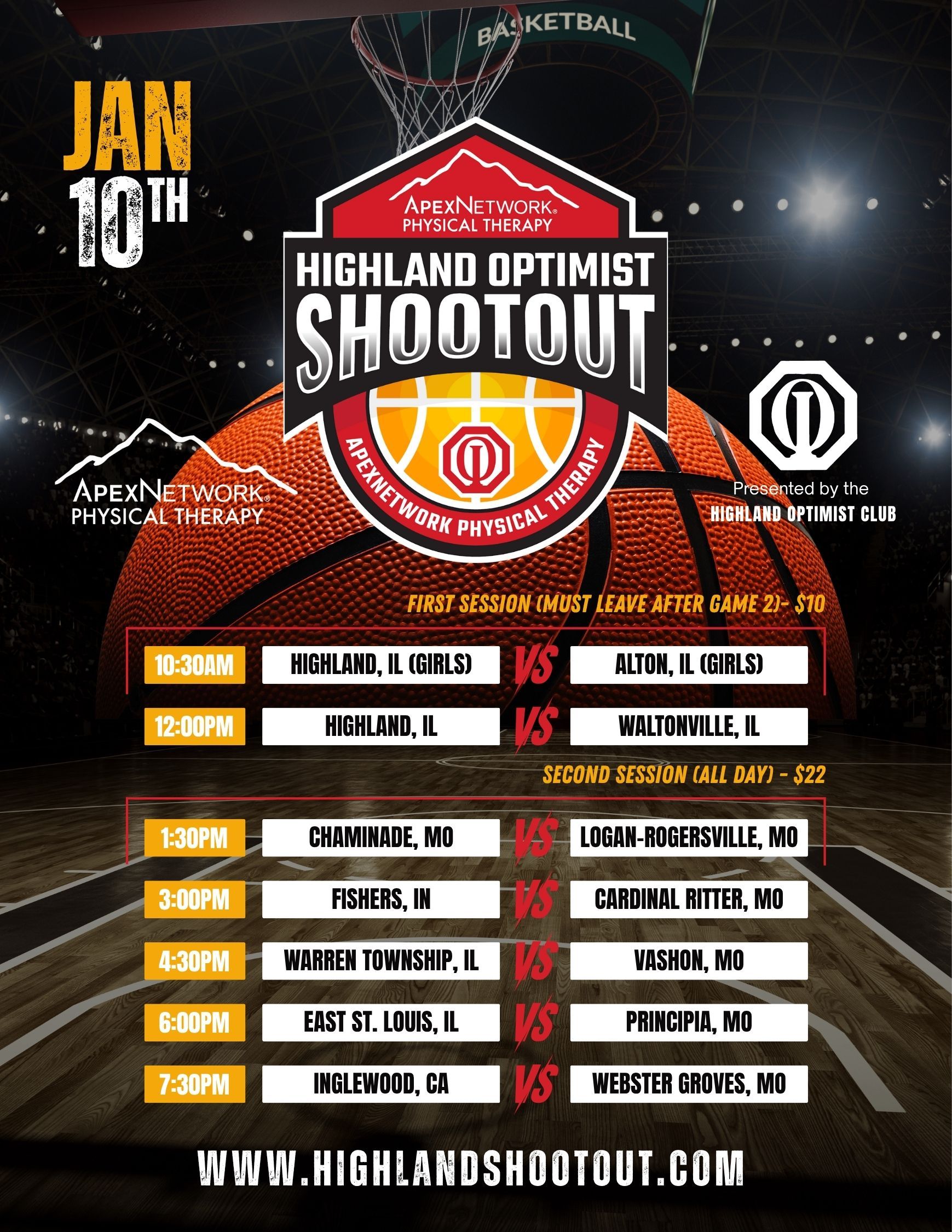 Basketball tournament flyer: Highland Optimist Shootout, January 10th. Includes team matchups and website address.