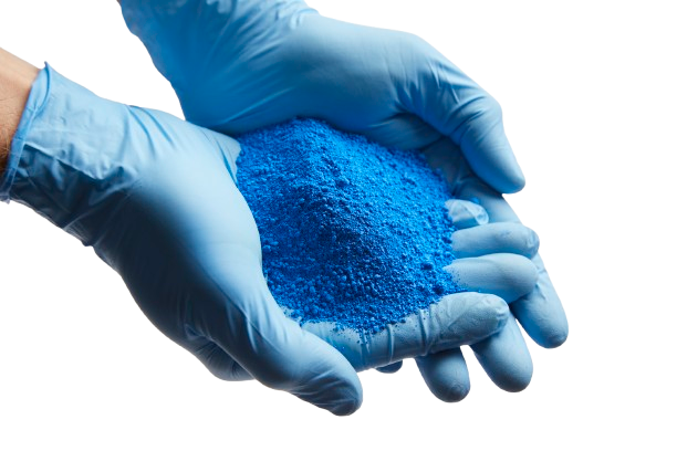 A person wearing blue gloves is holding a pile of blue powder ptfe coatings blue