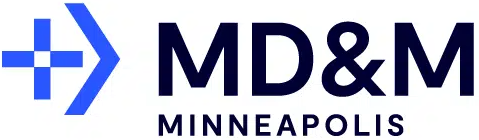 The logo for md & m minneapolis is blue and black.