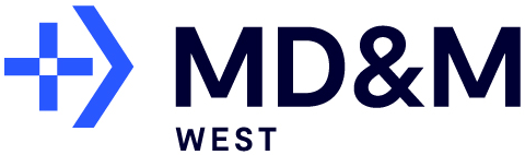 A blue and white logo for md & m west