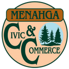 A round logo for Menahga Civic & Commerce featuring a dark green "CC" monogram, pine trees, and tan and blue accents.