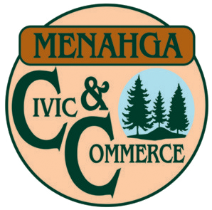 A round logo for Menahga Civic & Commerce featuring a dark green "CC" monogram, pine trees, and tan and blue accents.