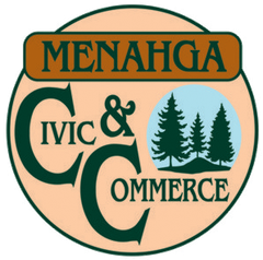 Logo for Menahga Civic & Commerce featuring a circular design with a pine forest graphic, dark green text, and tan background.