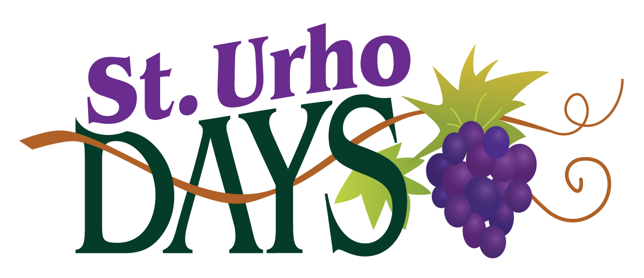 Logo for St. Urho Days with purple text and a cluster of purple grapes with green leaves.