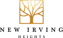 Black and white logo: tree silhouette within a square, with "NEW IRVING HEIGHTS" below.