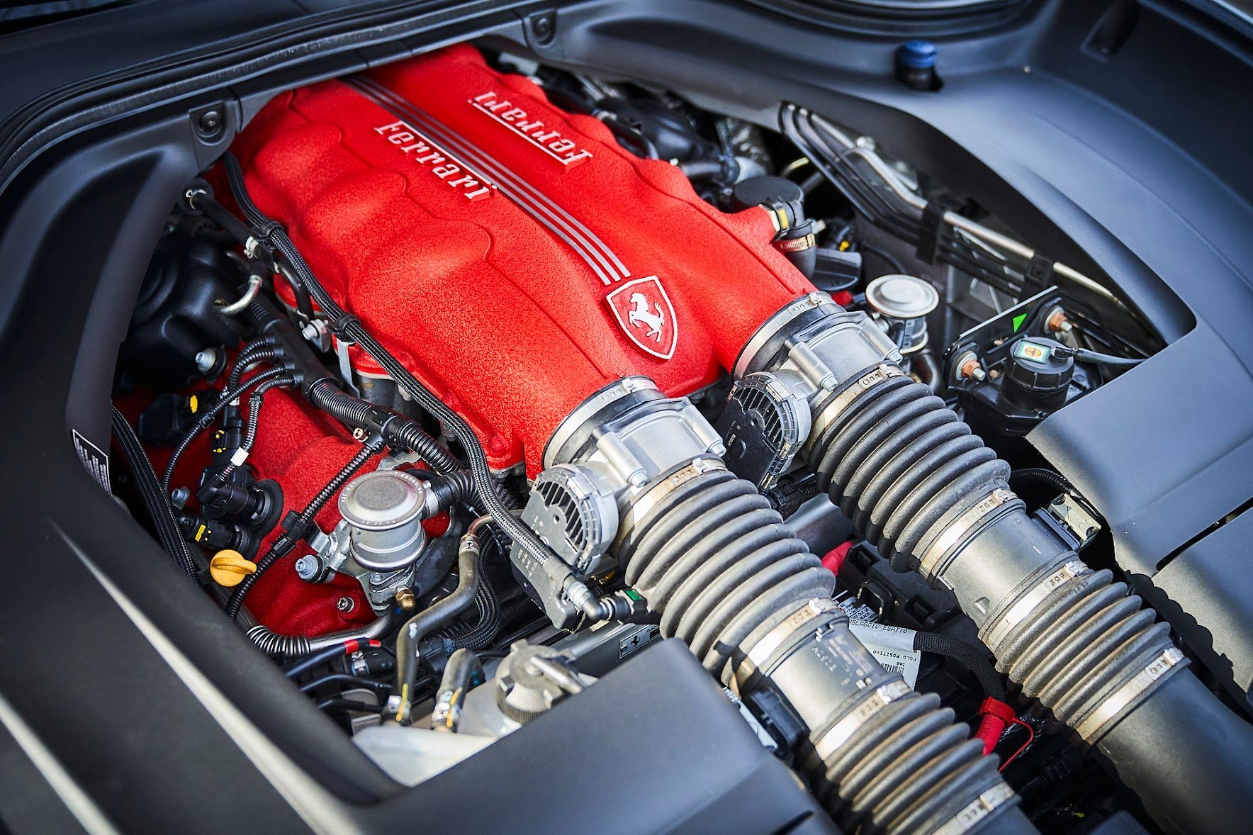 A close up of a ferrari engine with a red cover on it.
