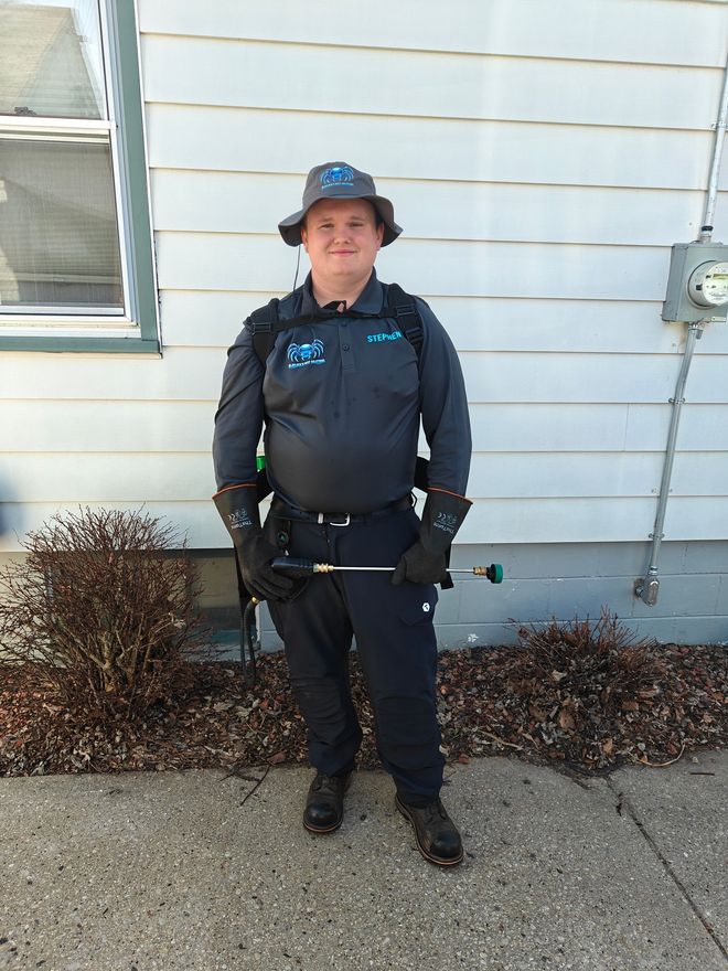 Brown rhinoceros beetle with large horn perched on a wooden branch, blurred pink flowers in the background.