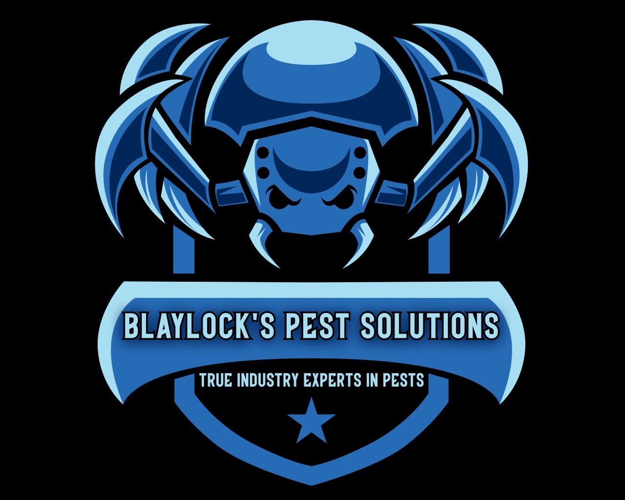 Blue logo for Blaylock's Pest Solutions, featuring a stylized insect with the text