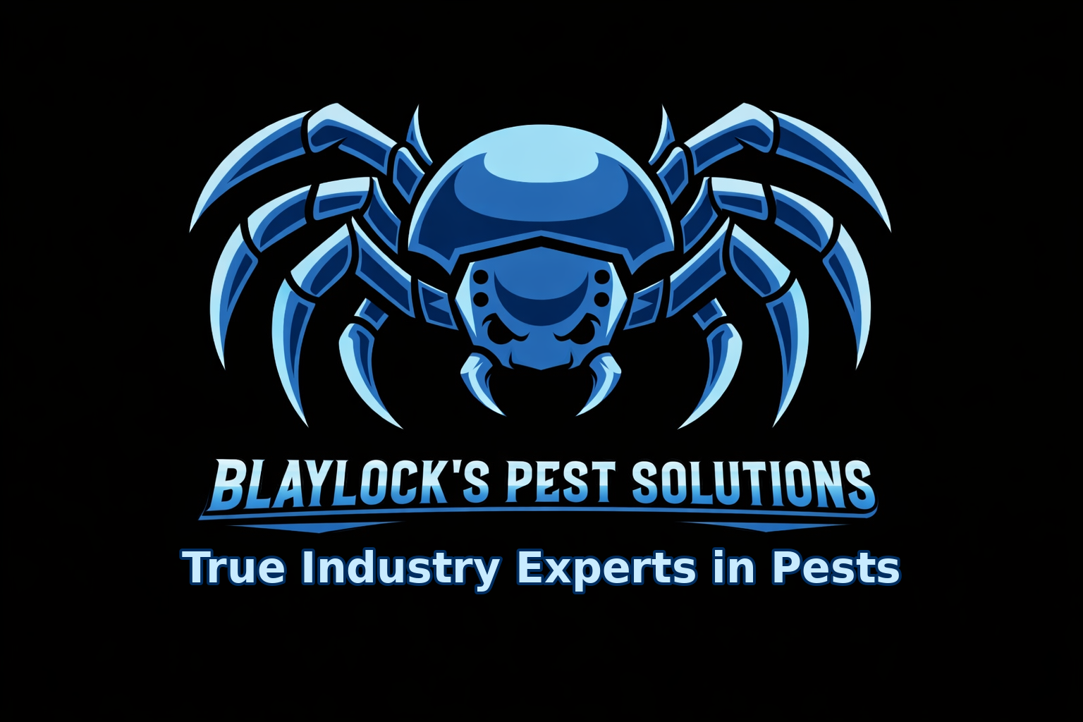 Blue logo for Blaylock's Pest Solutions, featuring a stylized insect with the text