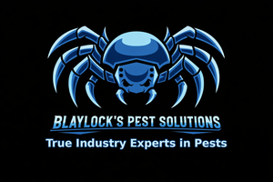 Blue logo for Blaylock's Pest Solutions, featuring a stylized insect with the text 