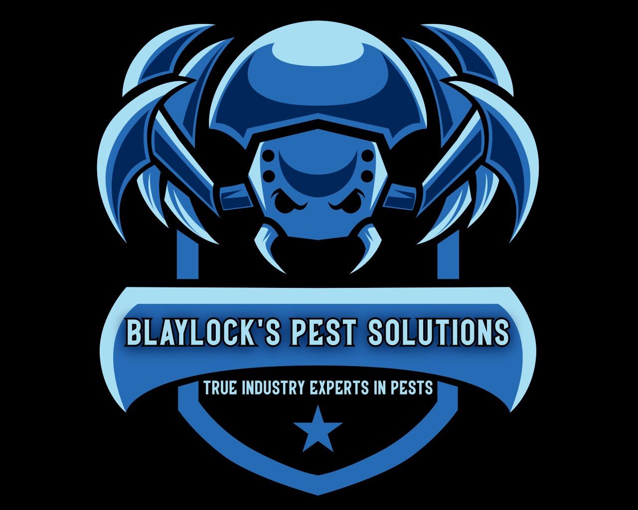 Blue logo for Blaylock's Pest Solutions, featuring a stylized insect with the text 