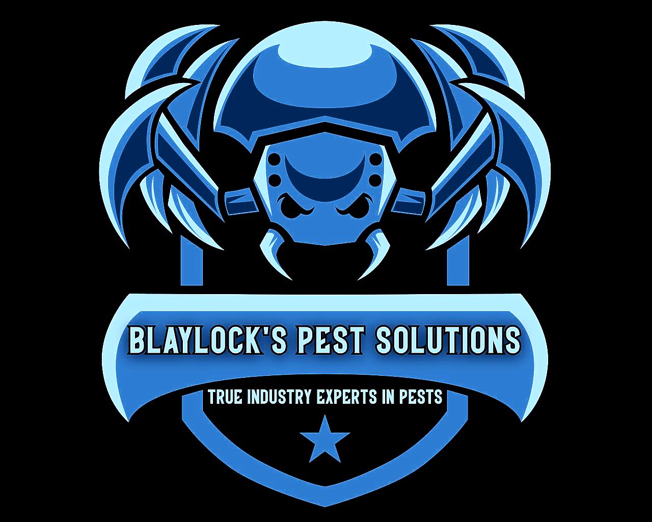 Blue logo for Blaylock's Pest Solutions, featuring a stylized insect with the text