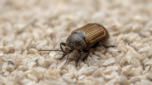 Brown beetle with striped back on light-colored gravel.