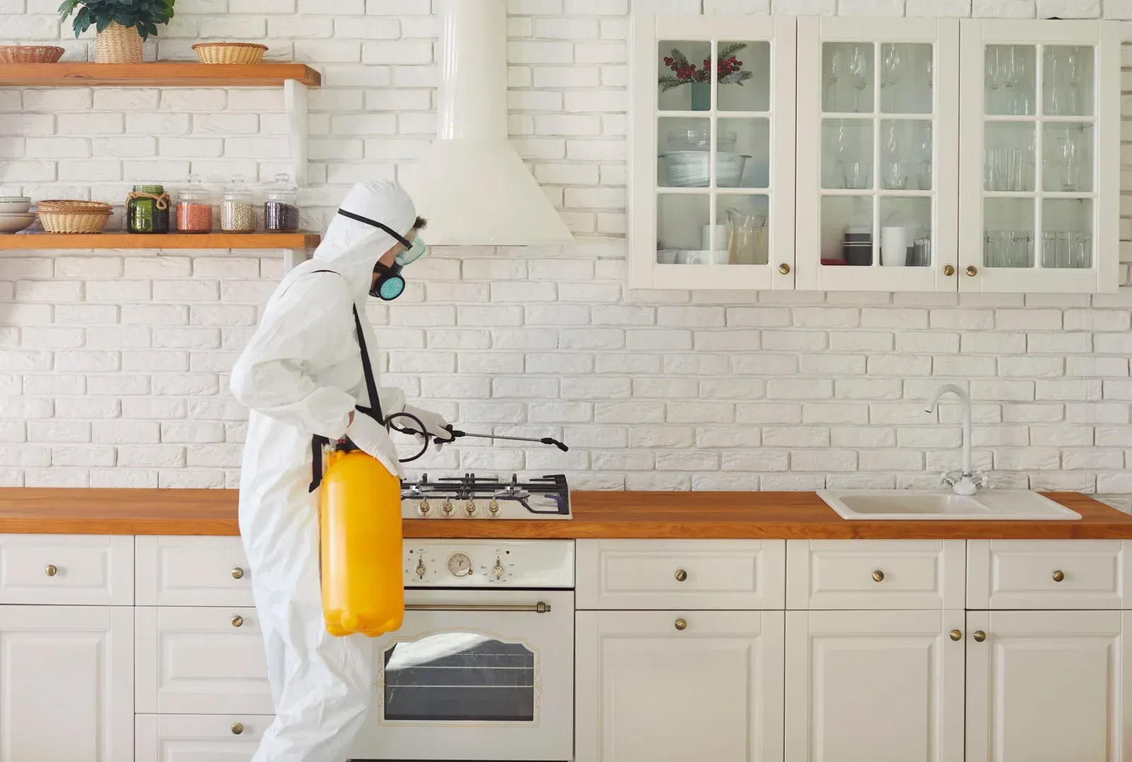 Person in hazmat suit spraying insecticide in a kitchen.