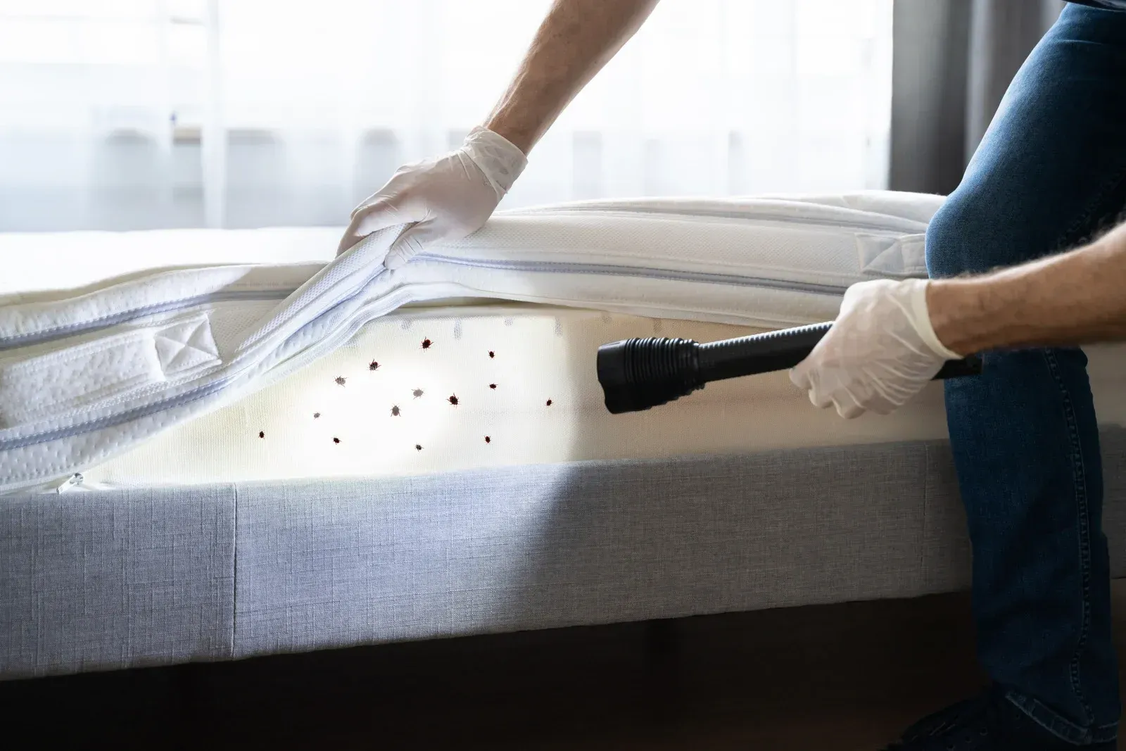 Person in gloves inspecting a mattress with a flashlight for pests, indoor setting.