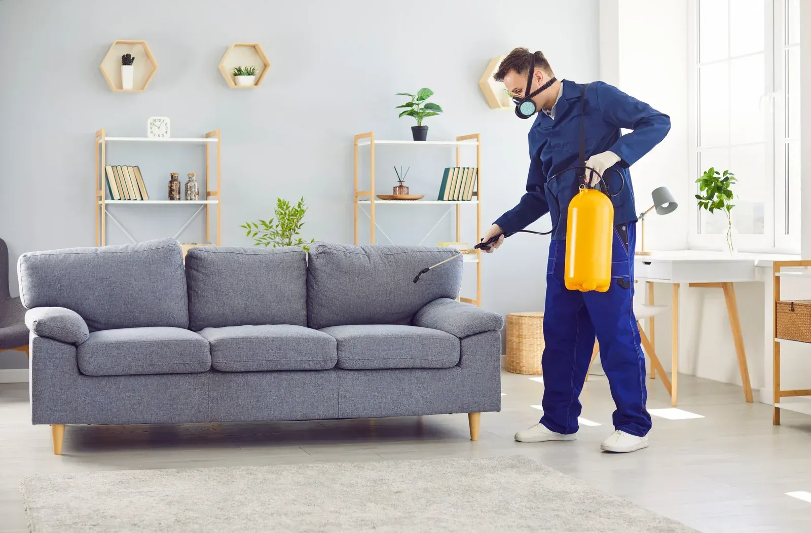 Person in protective gear spraying a couch in a living room for pest control.