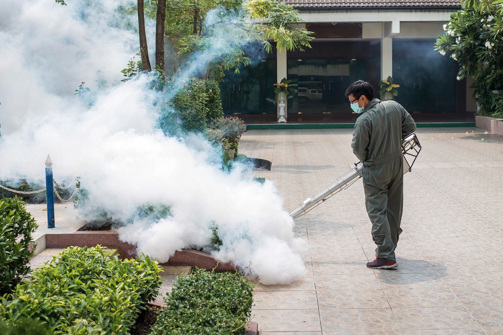 Man in protective gear spraying insecticide outdoors, creating a cloud of mist.