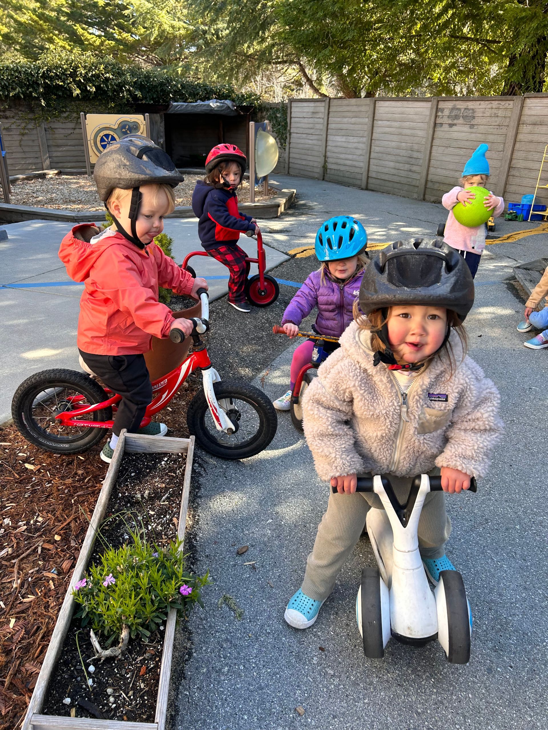 A group of Montessori children are riding bikes and tricycles.