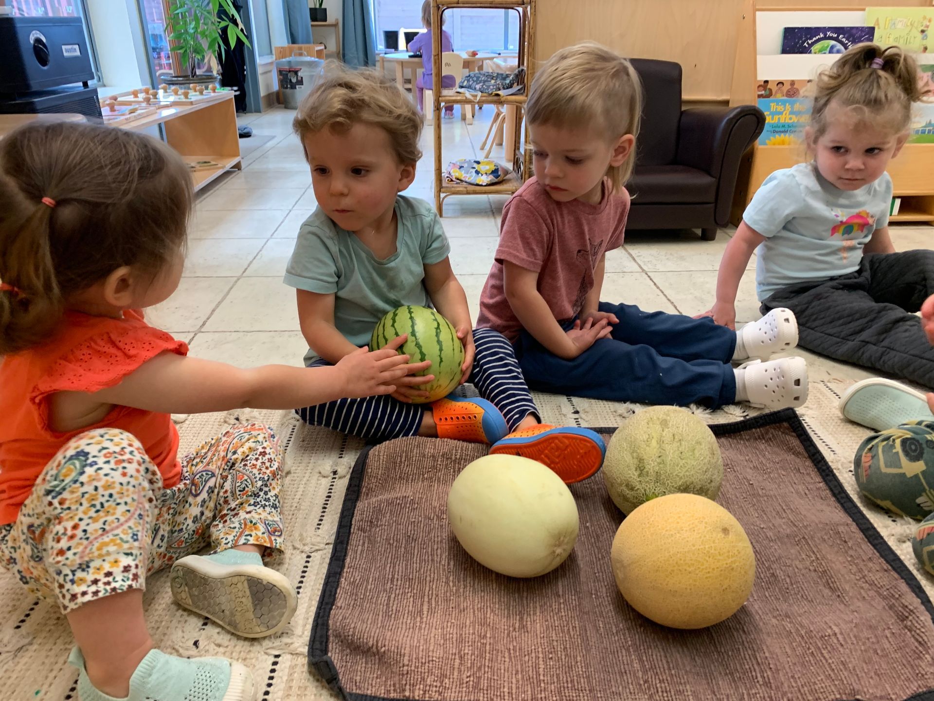 A group of Montessori children are sitting on the floor playing with melons.