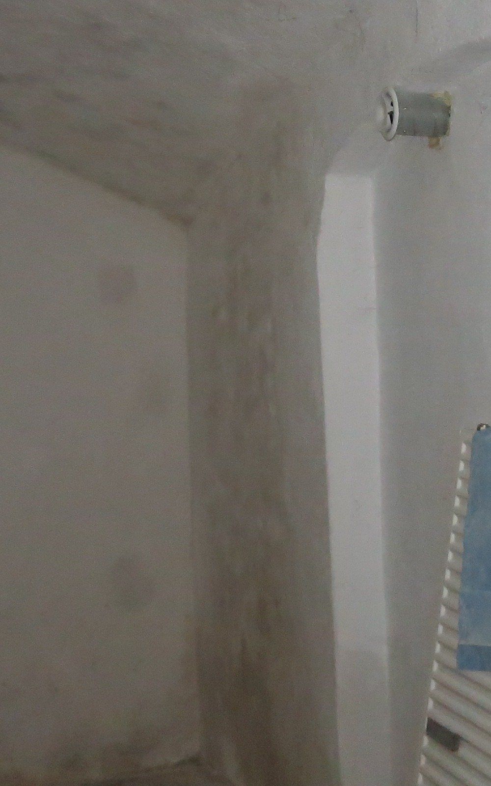 Ein Badezimmer mit weißen Wänden und einem blauen Handtuch auf dem Boden.