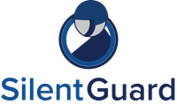 A blue logo for silent guard with a helmet and stars